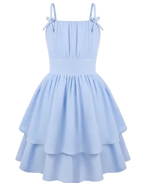 Solid light blue flora dress featuring thin shoulder straps with side bows and a layered tiered ruffle skirt.