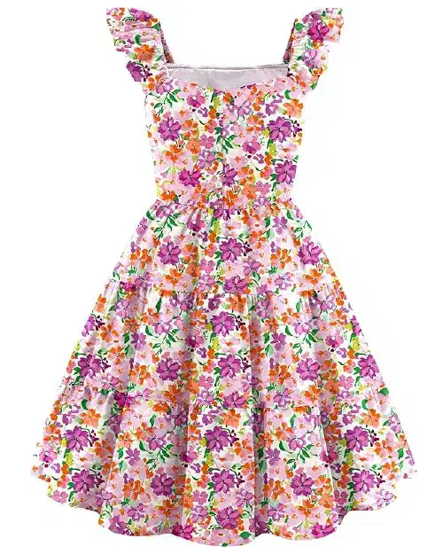 White flora dress featuring a colorful purple and orange floral pattern with ruffled cap sleeves.
