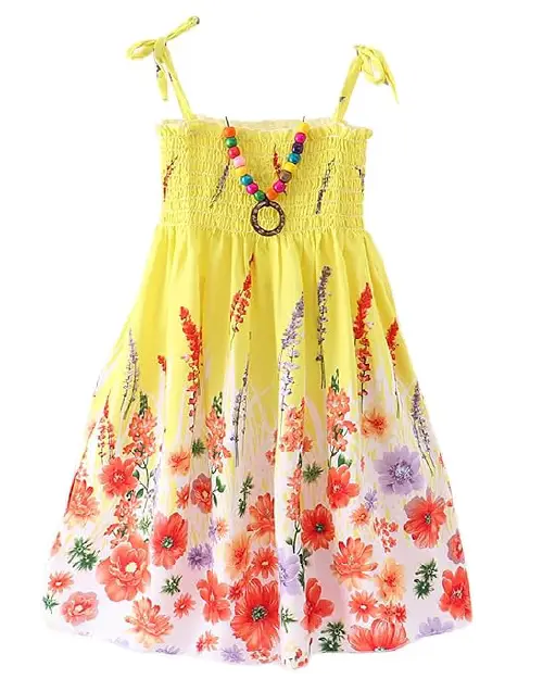 Flora Yellow Red Floral Border Smocked Dress