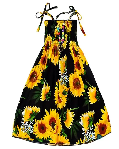 Black flora dress covered in vibrant yellow sunflower prints, featuring a smocked bodice, strap bows, and a beaded necklace.