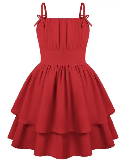 Solid bright red flora dress featuring thin shoulder straps with side bows and a layered tiered ruffle skirt.