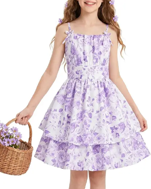 Young girl modeling a white flora dress with purple floral patterns, strap bows, a tiered skirt, and holding a wicker basket.