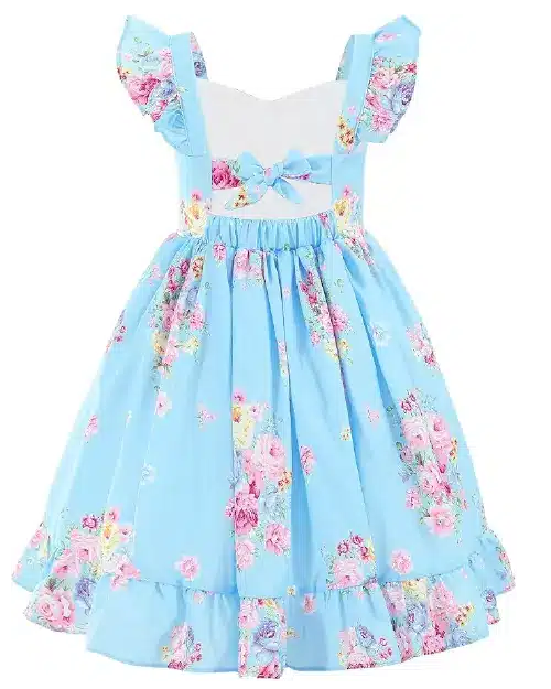 Back view of a light blue flora dress with pink floral prints, ruffled shoulder straps, and a back bow tie.