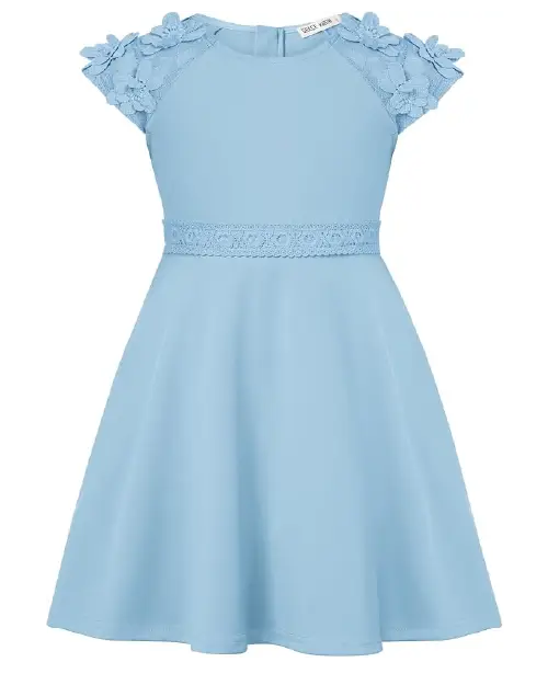 Solid sky blue flora dress featuring short cap sleeves adorned with 3D floral appliqués and a lace-trimmed waistline.