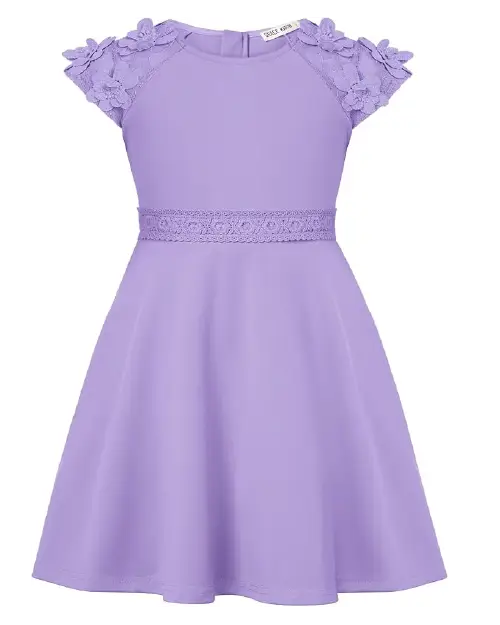 Solid lavender purple flora dress featuring short cap sleeves with 3D floral appliqués and a lace-trimmed waistline.