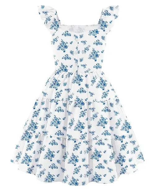 White floral dress with blue botanical print, square neckline, ruffled cap sleeves, and a tiered flared skirt.