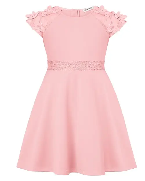 Solid light pink flora dress featuring short cap sleeves adorned with 3D floral appliqués and a lace-trimmed waistline.