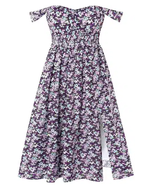 Off-the-shoulder purple ditsy floral dress with a smocked bodice, sweetheart neckline, and a side slit midi skirt.