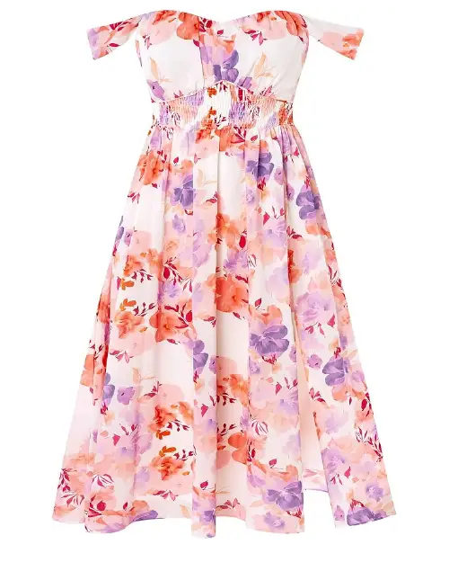 Off-the-shoulder watercolor floral dress in shades of pink, orange, and purple, featuring a smocked bodice and a side slit.