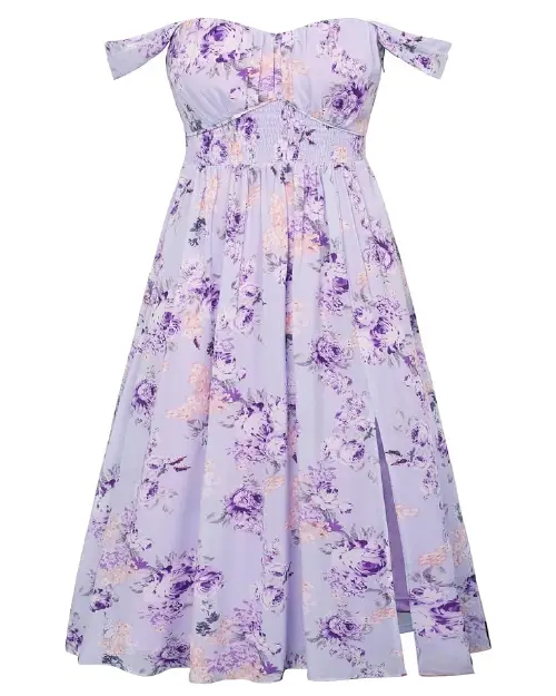 Light lavender off-the-shoulder dress with purple botanical prints, a smocked bodice, and a side slit midi skirt.