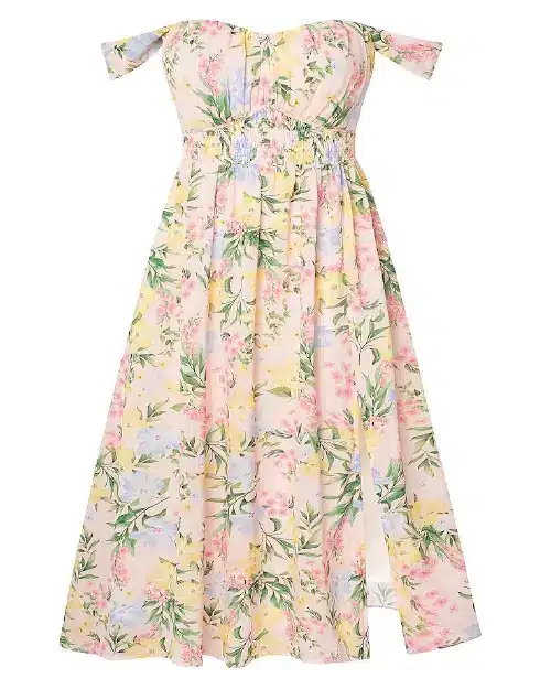 Light pink off-the-shoulder midi dress featuring a multicolored floral print with yellow, blue, and pink flowers, plus a side slit.