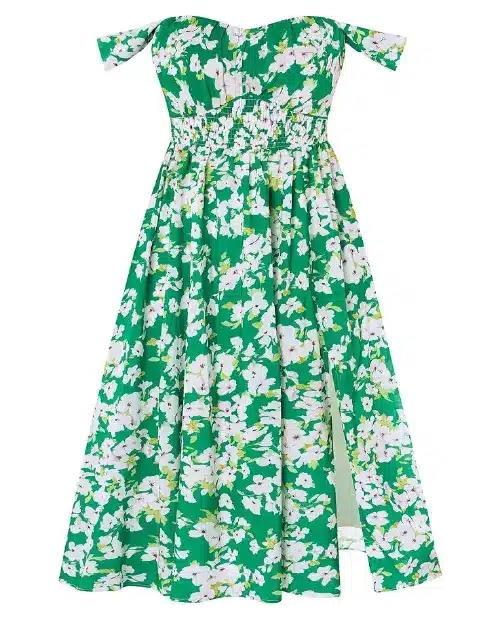 Vibrant green off-the-shoulder dress covered in large white floral prints, featuring a smocked bodice and a side slit.