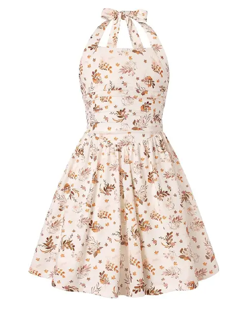 Warm beige halter skater dress patterned with rust-colored autumn floral prints, pleated waistband, and a neck bow.