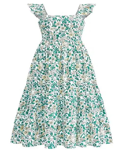 White midi dress with a dense green and yellow ditsy floral print, featuring ruffled cap sleeves and a tiered ruffle skirt.
