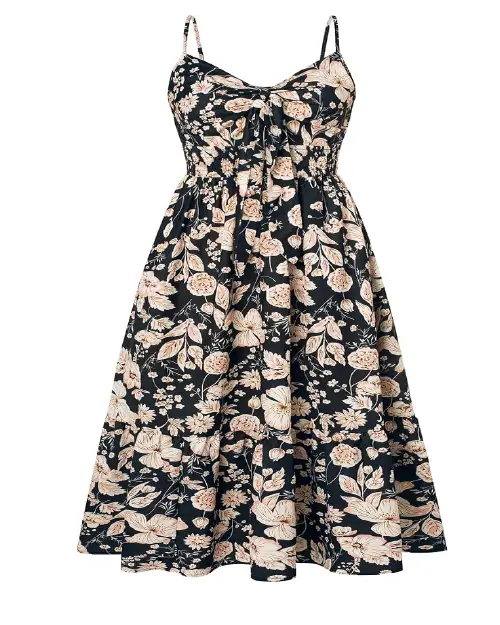 Black and beige floral midi dress with spaghetti straps, a tie-front bodice, a smocked waist, and a tiered ruffle skirt.