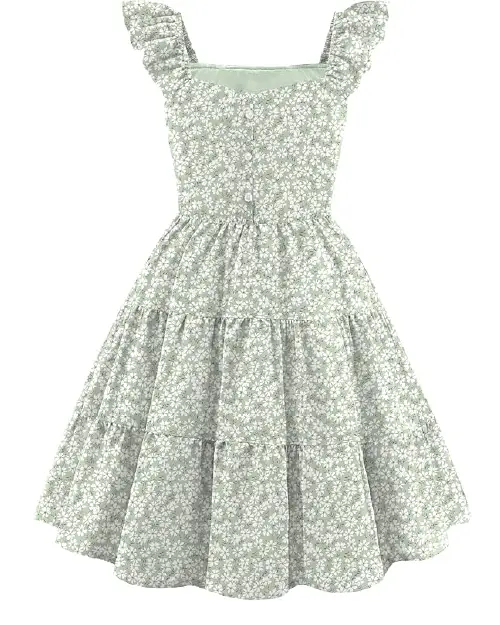 Sage green flora dress featuring an all-over small white floral pattern and ruffled sleeves.