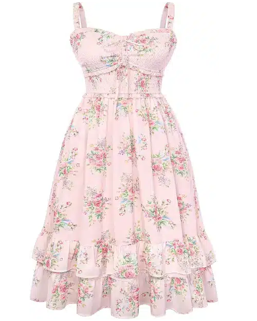Light pink midi dress with a dense multi-color floral print, featuring wide straps, a smocked bodice with a front tie, and a tiered ruffle hem.