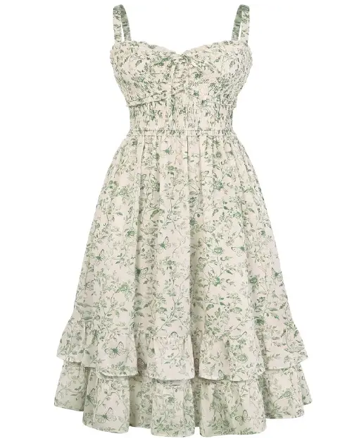 Sage green and white floral print midi dress with thin shoulder straps and a smocked bodice