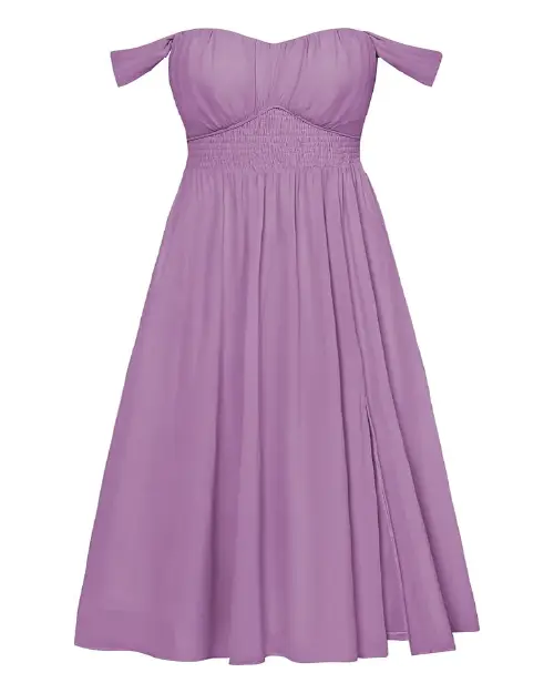 Solid pastel purple midi dress with off-the-shoulder neckline and side slit