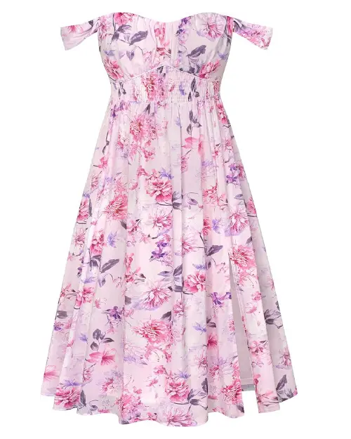 Pink floral print midi dress with off-the-shoulder neckline and side slit