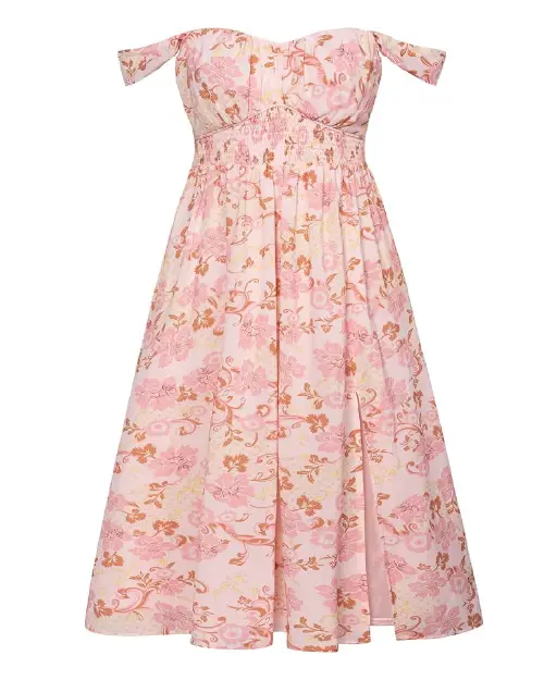Light pink and peach botanical print midi dress with off-the-shoulder neckline