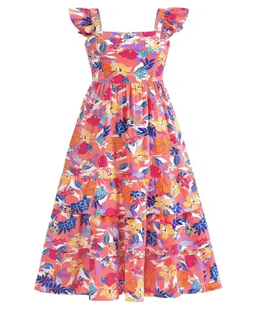 Coral pink tropical floral print midi dress with ruffled cap straps and tiered skirt