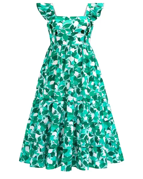 Emerald green and white abstract leaf print midi dress with ruffled cap straps