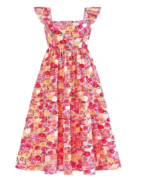 Vibrant red, pink, and yellow floral rose-print midi dress with square neckline