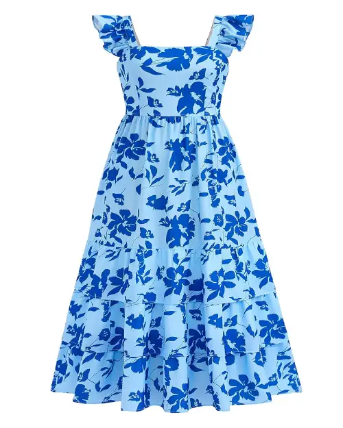 Sky blue and dark blue floral print midi dress with ruffled cap straps and tiered skirt