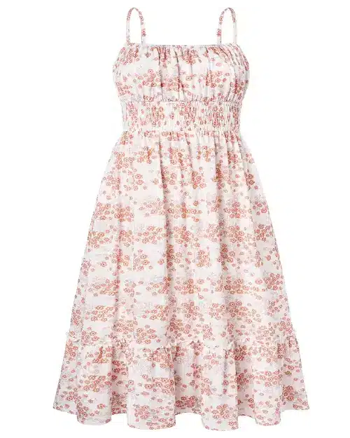 White and peach-pink micro-floral print midi dress with thin straps and smocked waist