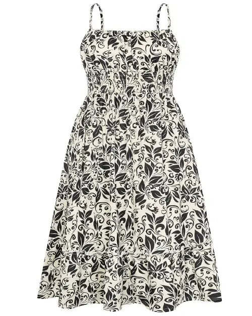 Cream and black swirl leaf print midi dress with thin straps and smocked bodice