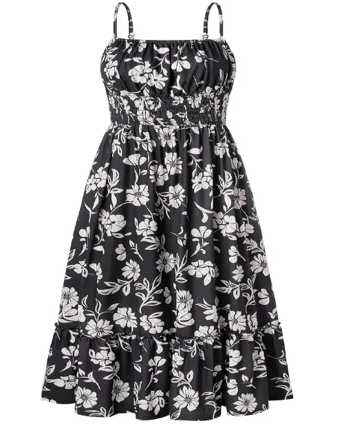 Black and white floral print midi dress with thin straps and smocked bodice