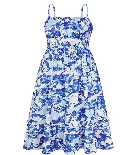 Light blue and royal blue floral print midi dress with thin straps and smocked bodice