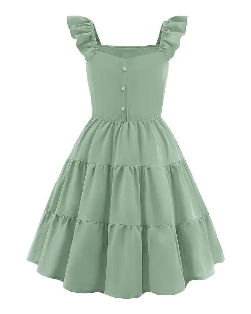 Solid sage green flora dress featuring a square neckline, front buttons, and ruffled cap sleeves.