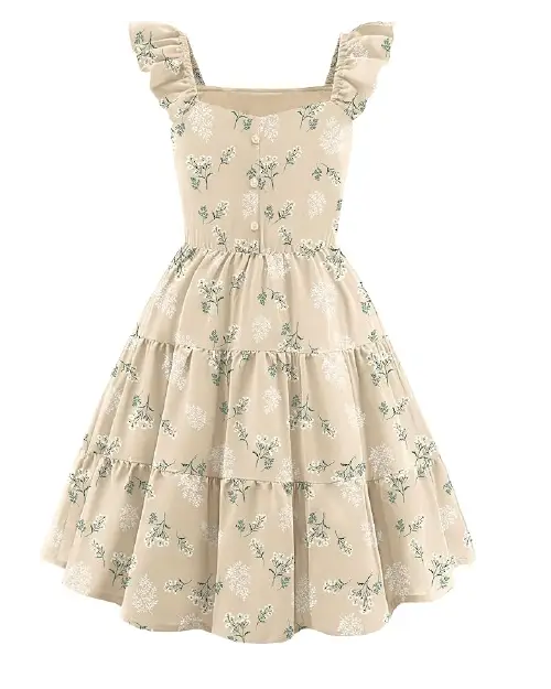 Beige flora dress featuring a white botanical wildflower print and ruffled cap sleeves.