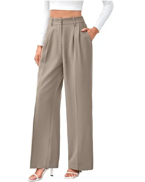 A person wearing taupe high-waisted wide-leg work pants for women with front pleats and side pockets, paired with white heeled sandals.