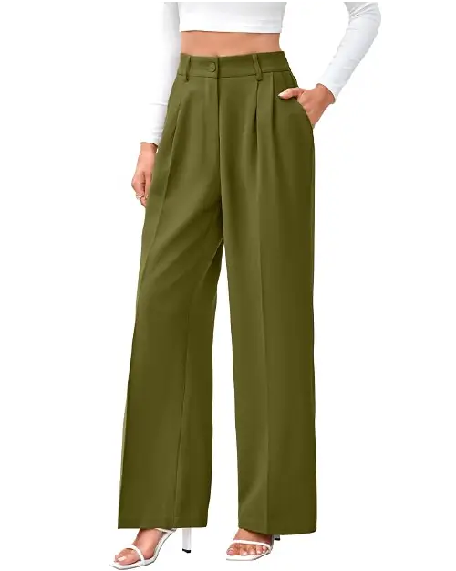 A person wearing olive green high-waisted wide-leg work pants for women with front pleats and side pockets.
