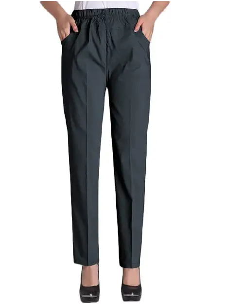 A person wearing dark gray straight-leg work pants for women with an elastic waistband and front pockets
