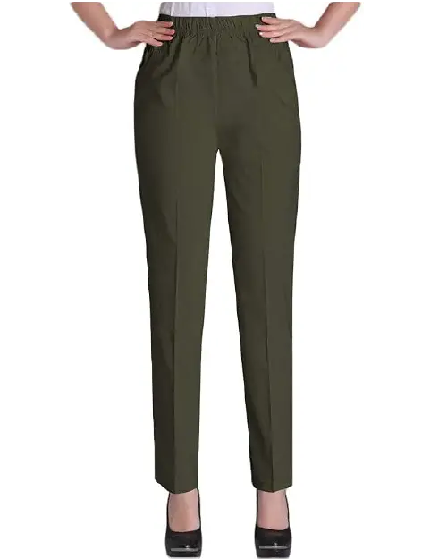 A person wearing dark green straight-leg work pants for women with an elastic waistband and side pockets.