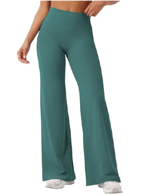 Olive green wide-leg fluid trousers for women with a high-waisted design and a clean, minimalist silhouette, paired with white sneakers.