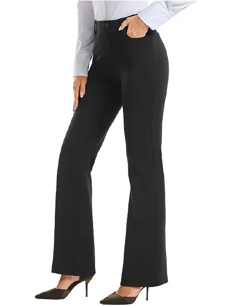 Classic black bootcut work pants for women featuring a high waist, front button closure, and tailored fit, paired with a white button-down shirt and black heels.