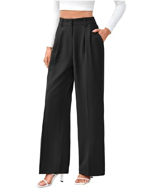 Black formal wide-leg pants for women featuring pleated front details, belt loops, a high waist, and side pockets, paired with a white top and white heels.