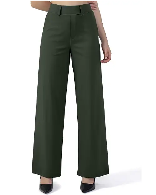 Dark green formal wide-leg trousers for women with a high-waisted tailored design, belt loops, and a clean silhouette, paired with black heels.