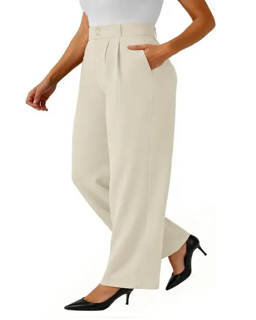A person wearing light beige high-waisted wide-leg work pants for women featuring front pleats and side pockets, styled with black high heels.