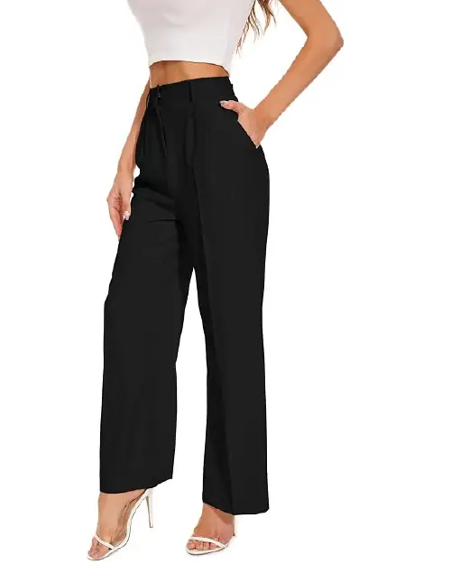 Black high-waisted straight-leg work trousers for women featuring a clean professional cut, front creases, and side pockets, paired with a white top and transparent heels.