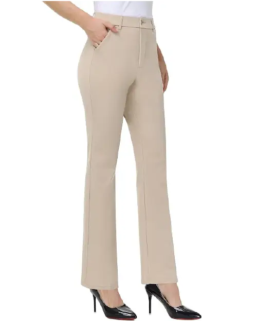 Beige professional bootcut work pants for women featuring a structured waistband, front pockets, and a sleek fit, paired with a white top and black heels.