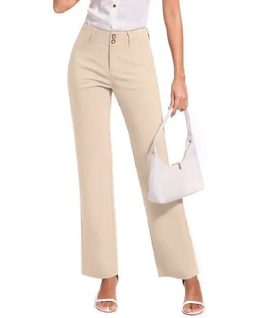 Beige professional bootcut work pants for women featuring a structured double-button high waist, belt loops, and front pockets, paired with a white top and sandals.