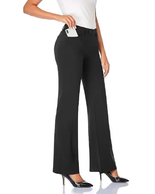 Black high-waisted flared work pants for women featuring a clean professional cut, structured waistband, and smooth fabric drape, paired with black heels.