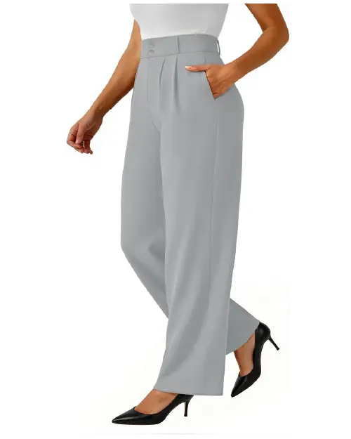 Light grey formal wide-leg trousers for women featuring front pleats, a structured waistband, belt loops, and side pockets, paired with black heels.
