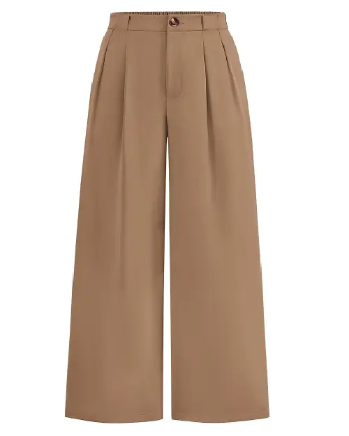 Khaki brown formal wide-leg trousers for women featuring front pleats, a high waist, belt loops, and a front button closure.